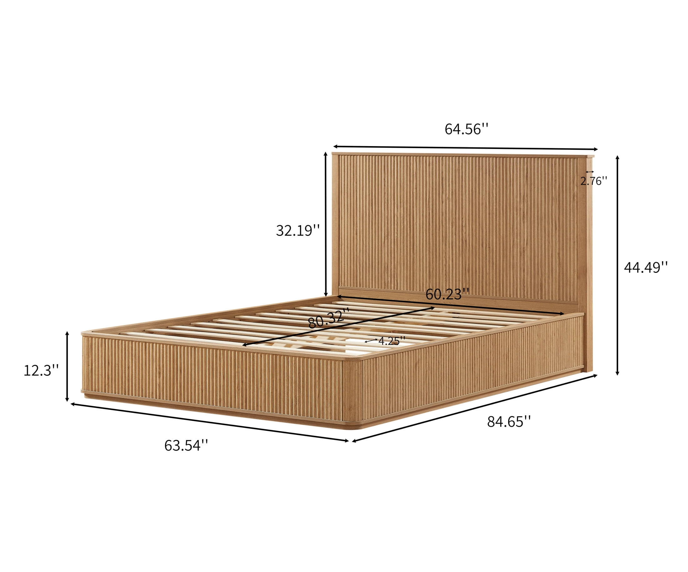 Noble House Queen Platform Bed Frame with 44.49" Flat Fluted Headboard, Wood Slat Support, Oak