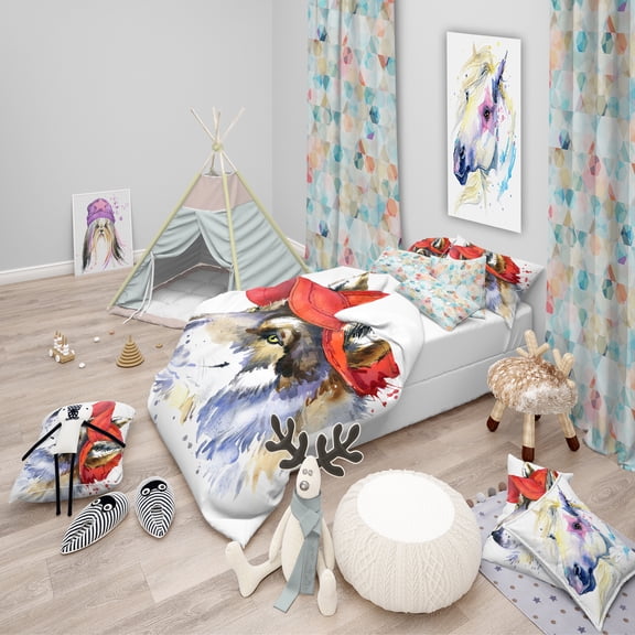 Designart 'Wolf with Red Cap Illustration' Modern & Contemporary Duvet Cover Set