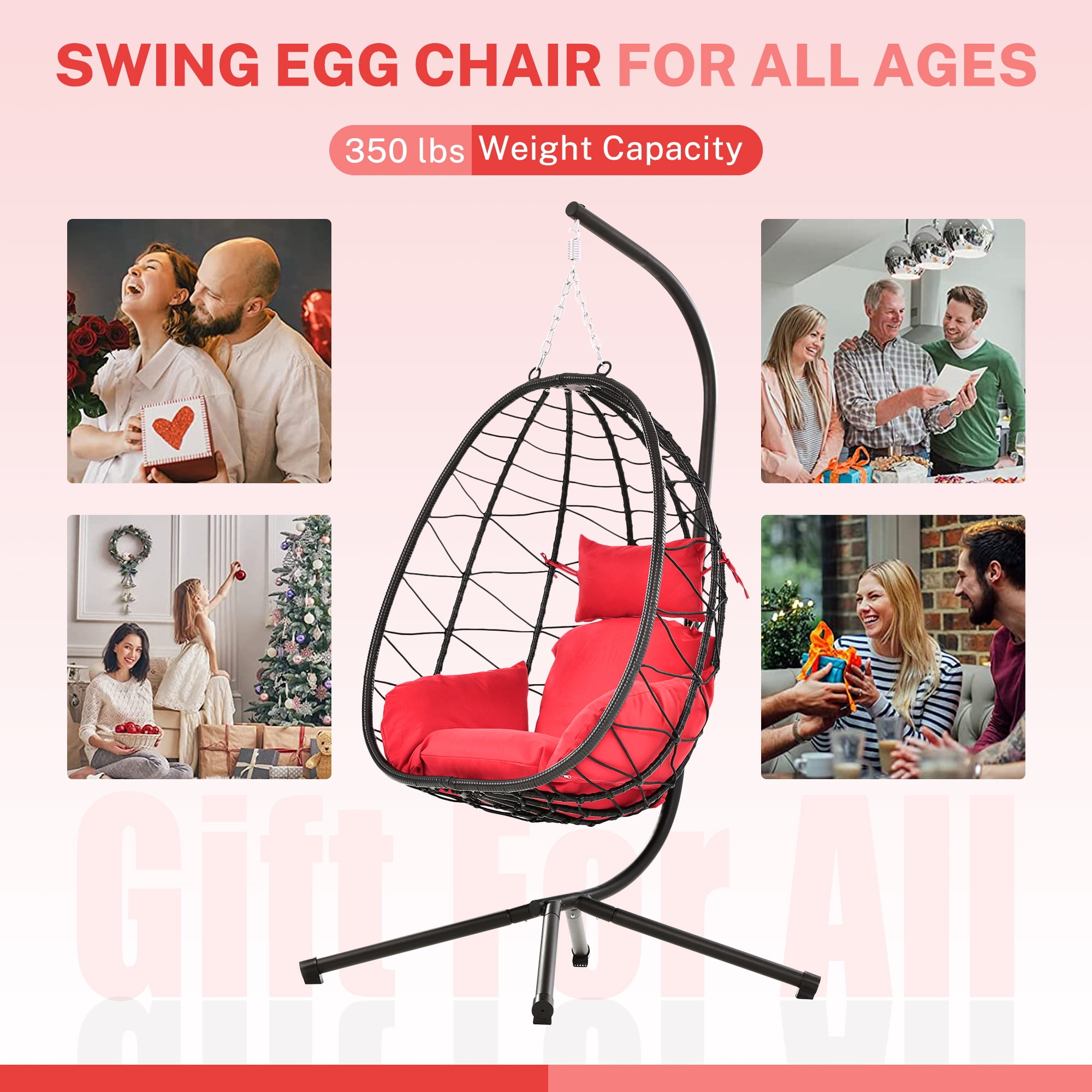 Hanging Hammock Chair, Wicker Egg Chair with Comfortable Seat and Back Cushion, 350LBS Capacity Egg Chair w/Stand, Durable All-Weather UV Rattan Lounge Chair for Patio, Deck, Yard, Garden, Red, SS1955