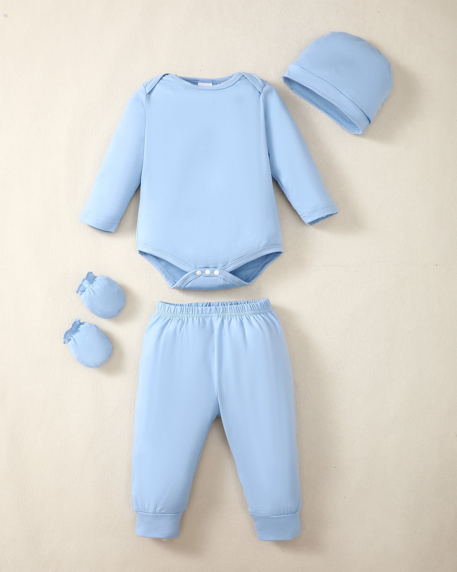KIMI BEAR Newborn Baby Boys layette set 3-6 Months Romper Pants Set Hat 4-Pack Outfits Long Sleeves Top Gloves 16pcs Winter Clothes Baby Shower Gifts Blue