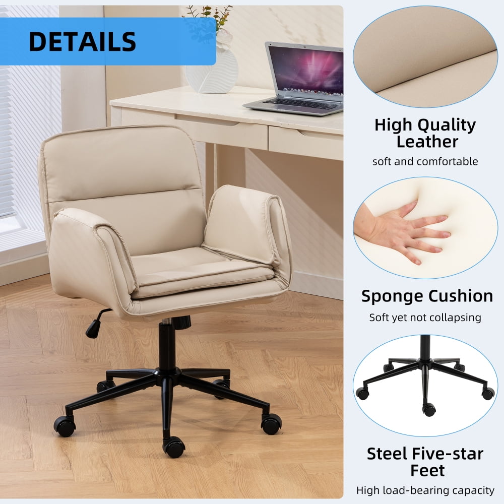 Pawverly cross-over office chair, with wheels, ergonomic swivel design, 5-position adjustable armrests, thick padded backrest, beige PU vanity chair, suitable for home offices and bedrooms.