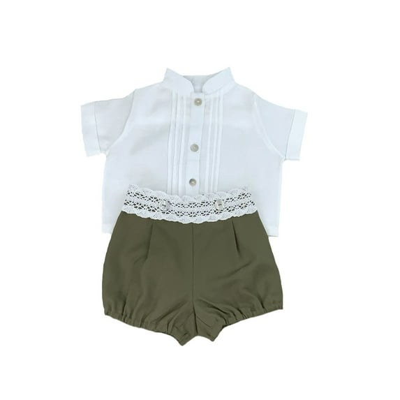 Boys-White Linen Shirt- Olive Shorts Set-Boy's Clothing Store-Toddler Boy Set