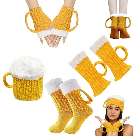Beer Socks For Men Women, Funny 3D Beer Mug Socks With Handle & Cap, Novelty Winter Warm Knitted Set For Party Christmas Gift