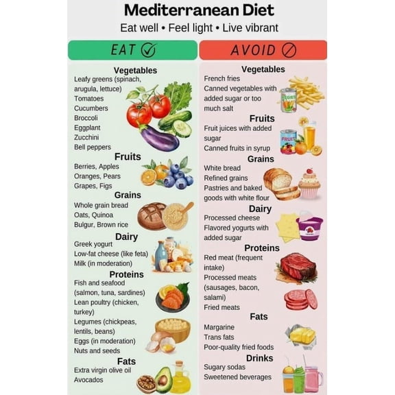 Mediterranean Diet Food List Poster Suitable For Home Kitchen Dining Room Sanatorium Rehabilitation Centre Office Decor Poster Unframed 12x18inch(30x45cm)