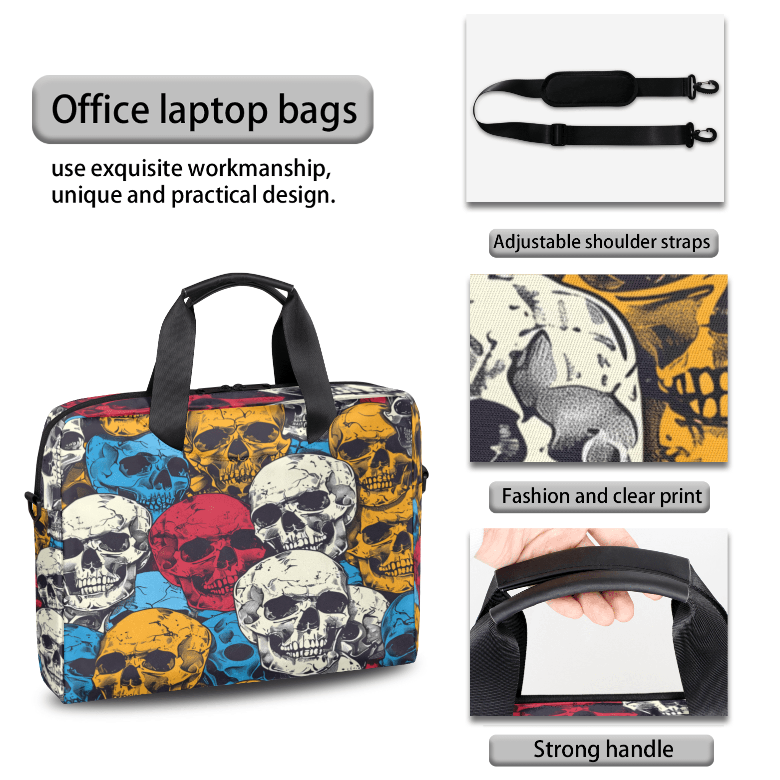 Herdesigns Skull Laptop Bag for Women Men, Computer Case Briefcase Messenger Bags, 15-15.6 inch Laptop Sleeve Shoulder Bag