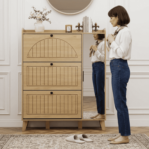 Danpinera Home Mirrored Shoe Cabinet with 3 Flip Drawers, Entryway Shoe Storage Organizer, Light Wood