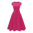 thumbnail image 6 of Womens Short Sleeve Dress Crew Neck Solid Color Tie Waist Midi Elegant Party Dress Hot Pink XL, 6 of 6