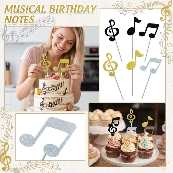 THOPBPRK 6pcs Diy Music Note Cake Toppers for Birthday Party Decorations,music Themed Party Decorations, Musical Theme Cupcake Picks, Festive Party Supplies, Gifts, Celebration Cake Flags, Black