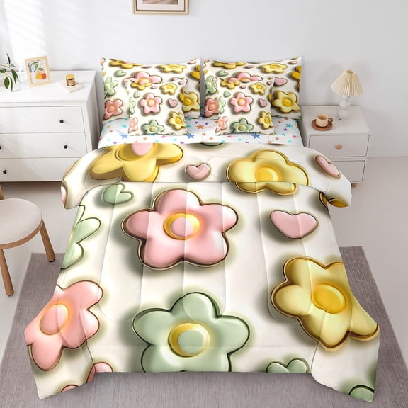 Erosebridal 3D Print Flower Bedding Sets Twin Size,Kawaii Flower Comforter Sets with Sheets,Botanical Plants Bed in a Bag Twin size,Super Cozy Floral Room Decoration,Reversible,7-Piece