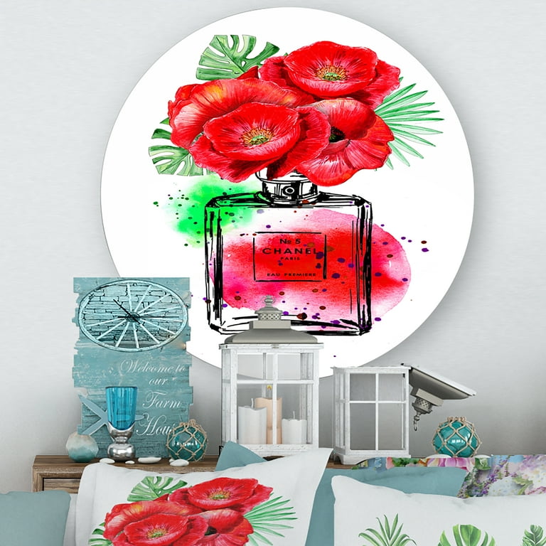 Designart 'Perfume Chanel Five with Red Flowers' Modern Circle Metal Wall Art 11x11 - Disc of 11