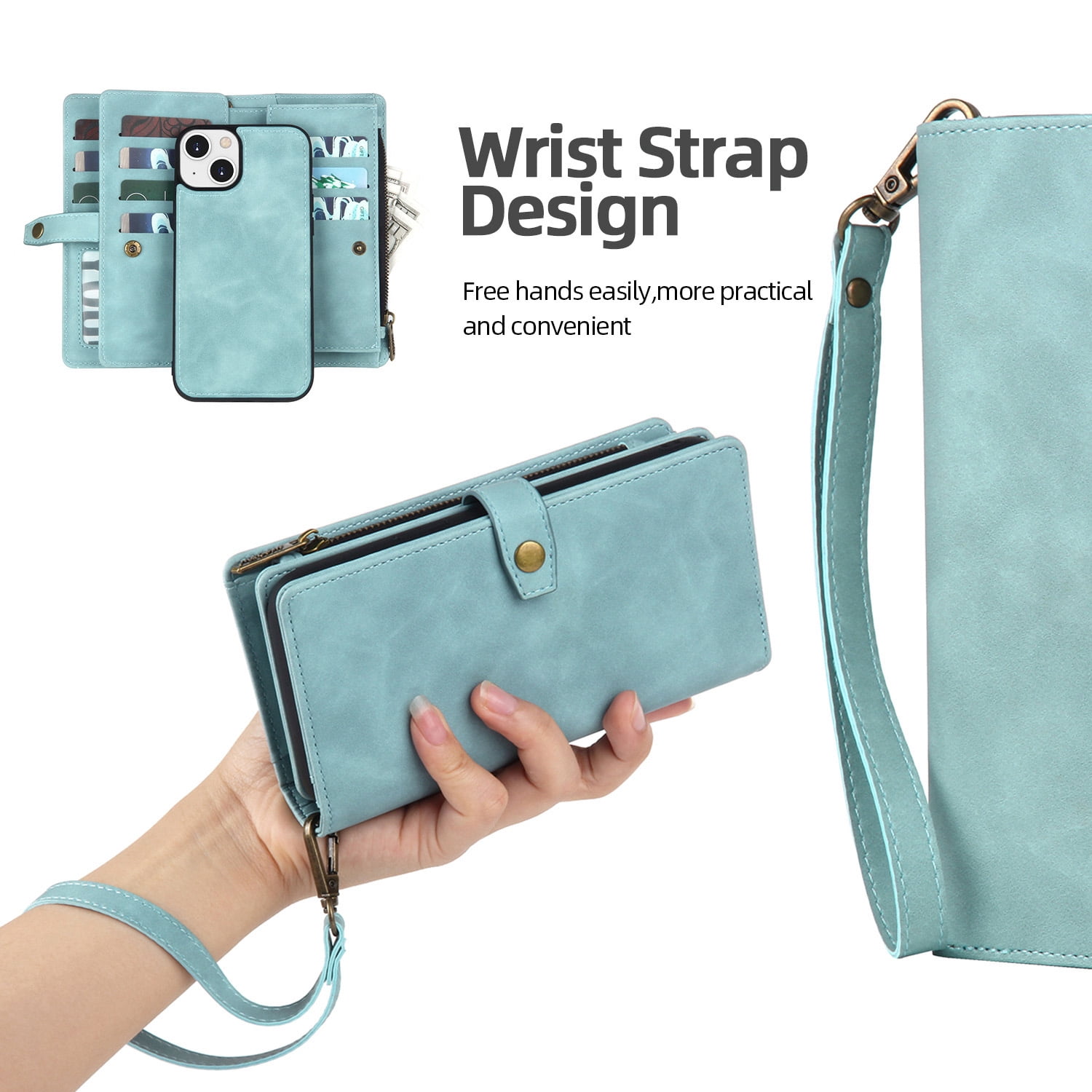 Dteck for iPhone 14 Plus Case, iPhone 14 Plus Case Wallet for Women Men, Durable PU Leather Magnetic Flip Lanyard Strap Wristlet Zipper Card Holder Phone Cases for iPhone 14 Plsu 6.7 Inch,Blue