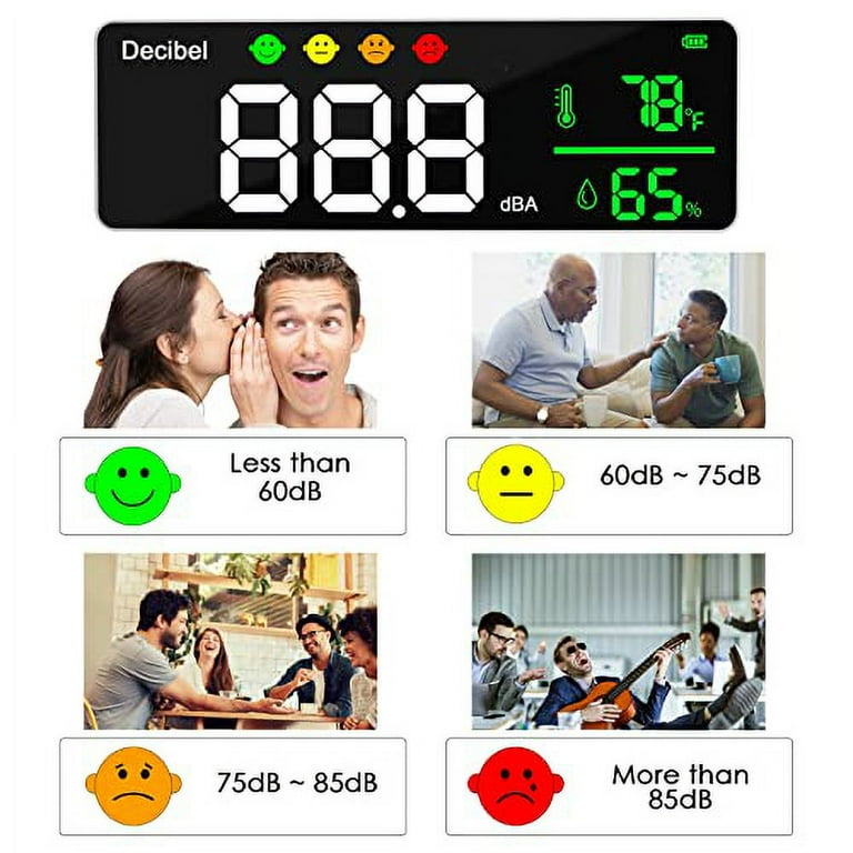 DANOPLUS 11-Inch LED Decibel Meter – Wall Mount Noise/Temperature/Humidity Monitor With Alarm Icons, 30-130dB Range
