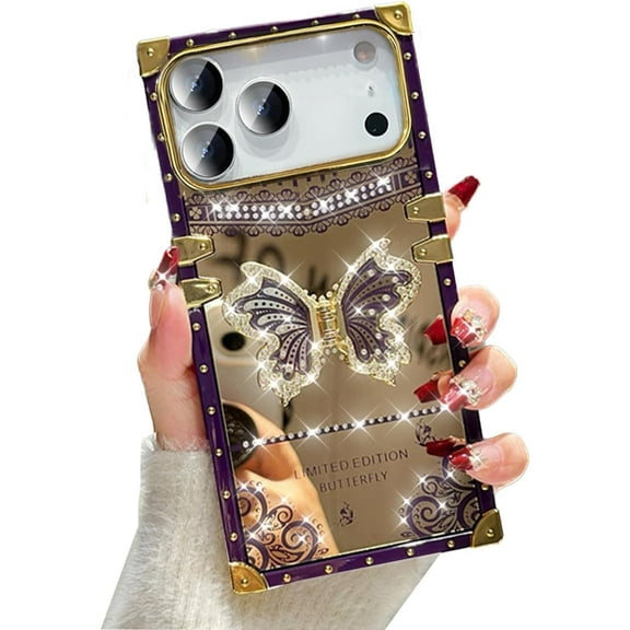 for iPhone 17 Pro Max Butterfly Stand Case, Glitter Bling Foldable Kickstand Woman Girls Mirror Back Golden Plated Shockproof Protective Elegant Cute Soft Cover for iPhone 17 Pro Max, Purple