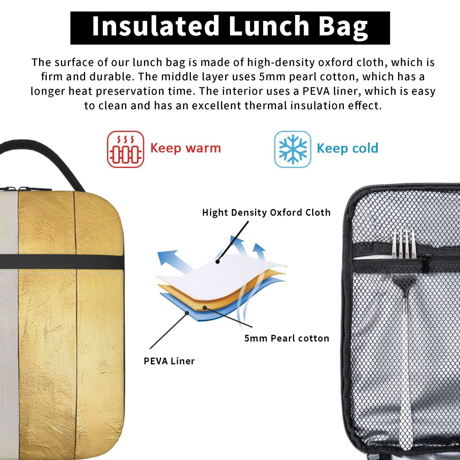 Lunch Bag For Women Men Insulated Portable Lunch Box Bento Box Office Picnic Travel Cooler Bag Gold Stripe_1