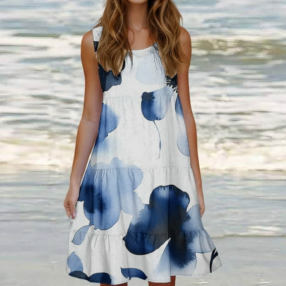 Jjayotai No Boundaries Women's Summer Dresses 2025, Boho Dresses for Women, Beach Casual Sleeveless Floral Print Tank Loose Sundress with Pocket White~ S