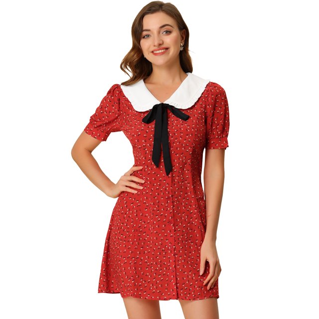 Vestido Camisero De Manga Corta Entallado Y Acampanado Con Cuello En Contraste Y Volantes Con Pajarita Y Cuello En Contraste Para Mujer Rojo XL