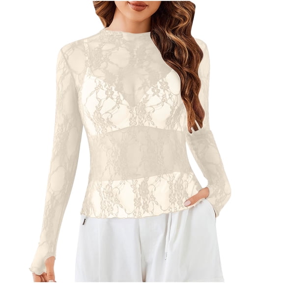 ZyeKqe Womens Mesh Long Sleeve Tops Crew Neck See Through Tee Shirts Party Club Night Lace Blouse
