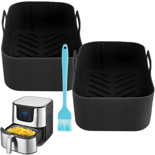 Kyoffiie 2PCS Air Fryer Silicone Pot Compatible with Ninja Dual Basket Air Fryers Reusable Air Fryer Liner with Handle Oil Brush Silicone Baking Mat for Air Fryer