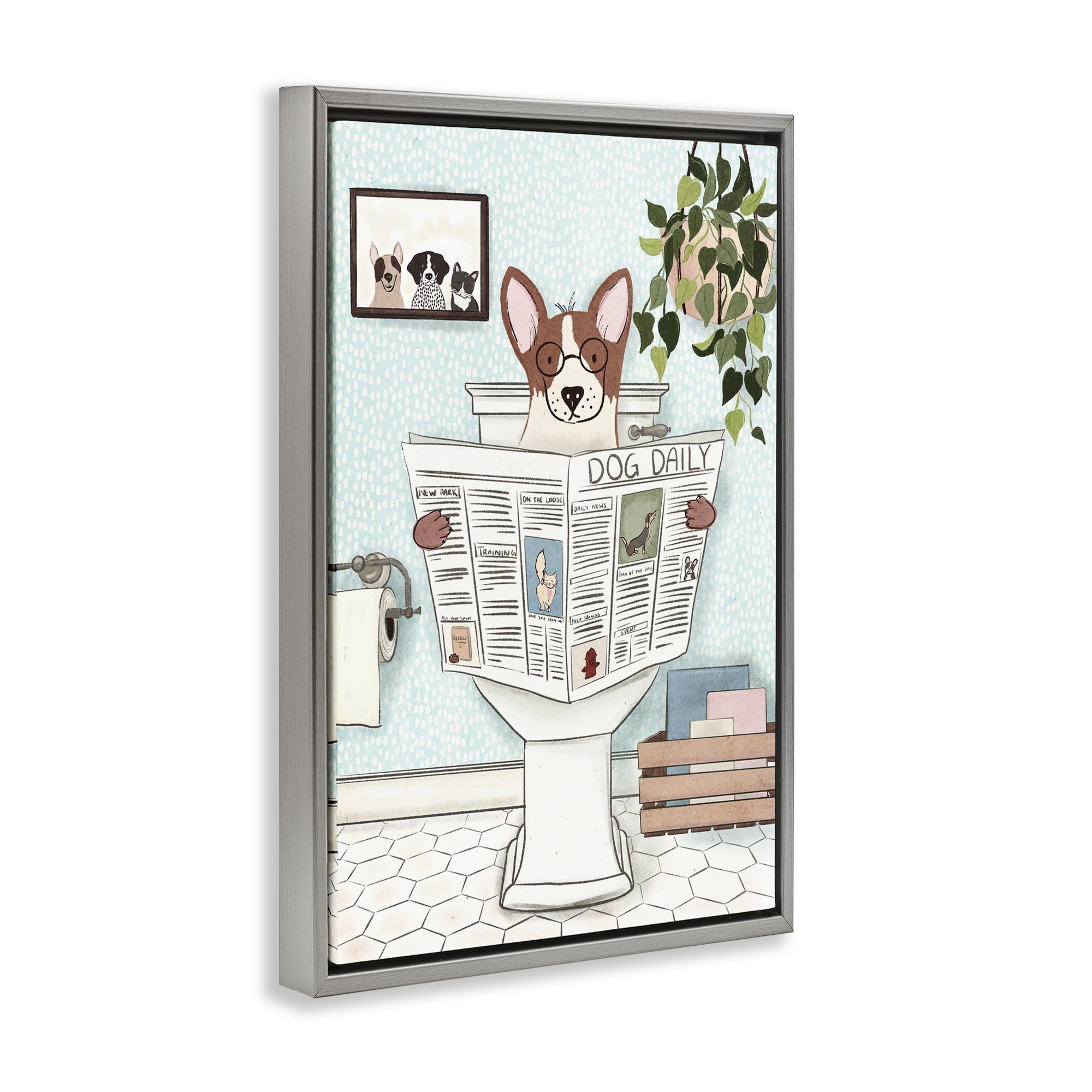 Stupell Industries Pup with Newspaper Typography Painting Gray Floater Framed Canvas Art Print Wall Art, 21 x 31
