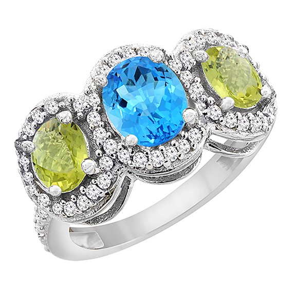 14K White Gold Natural Swiss Blue Topaz & Lemon Quartz 3-Stone Ring Oval Diamond Accent, size 7