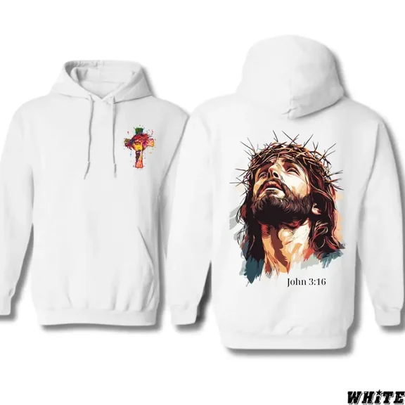 Jesus Christ Hoodie - John 3:16 Bible Verse Graphic, Crown of Thorns Artwork, Unisex Religious Pullover for Faithful Believers, Perfect Christian Gift
