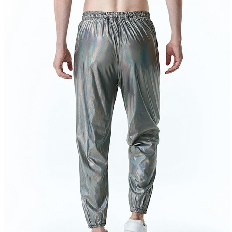 【SCENERITY】Tenta Brushed Wweat Pants fartey Men Metallic Shiny Pant with Pockets Drawstring Slim