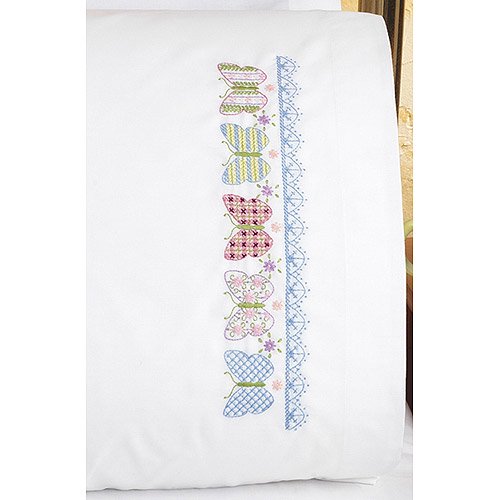 Janlynn Butterfly Stamped Cross Stitch Pillowcase Pair