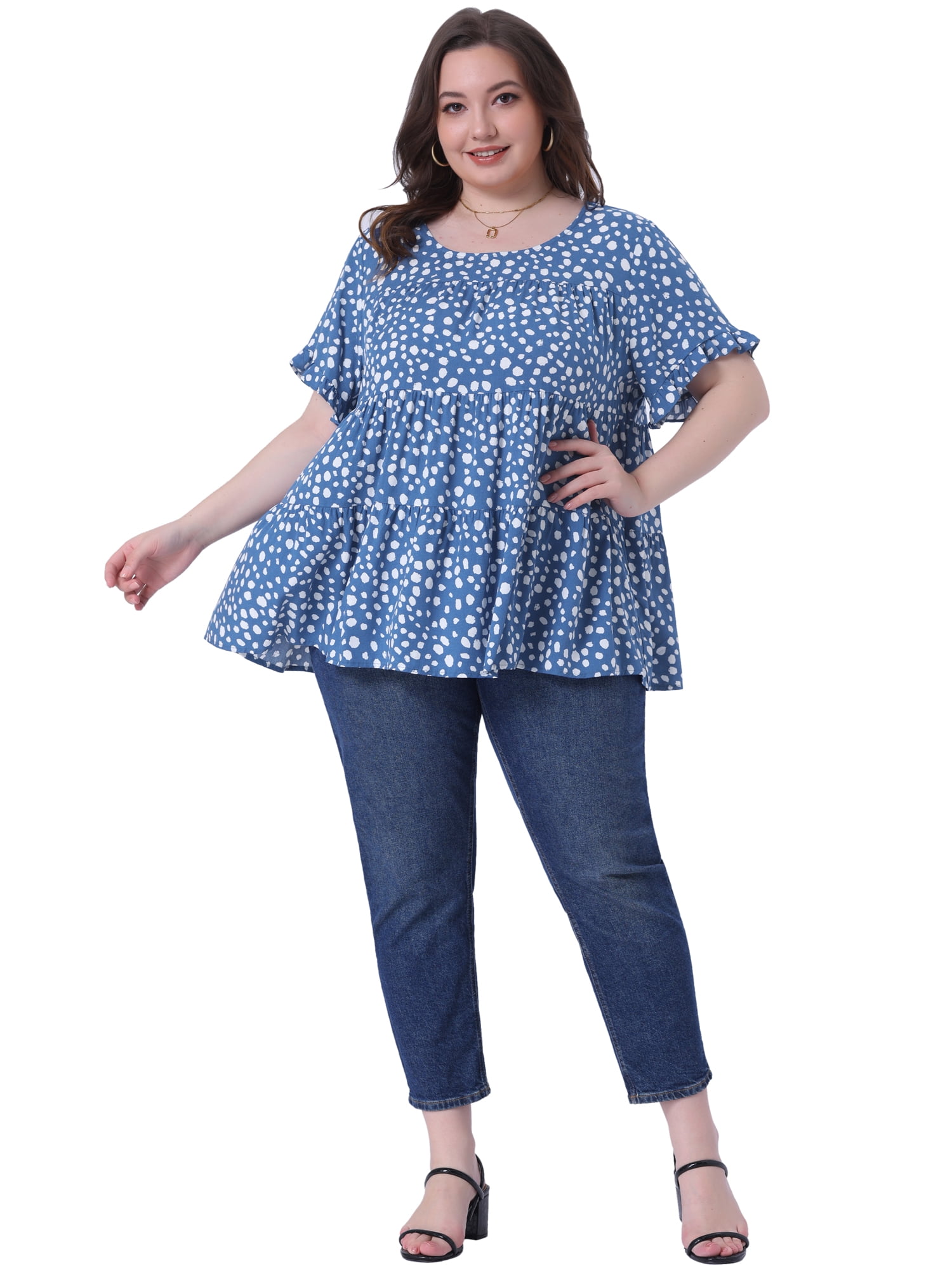 DARING DIVA Women's Plus Polka Dots Ruffle Sleeves Babydoll Tiered Blouse 1X Blue