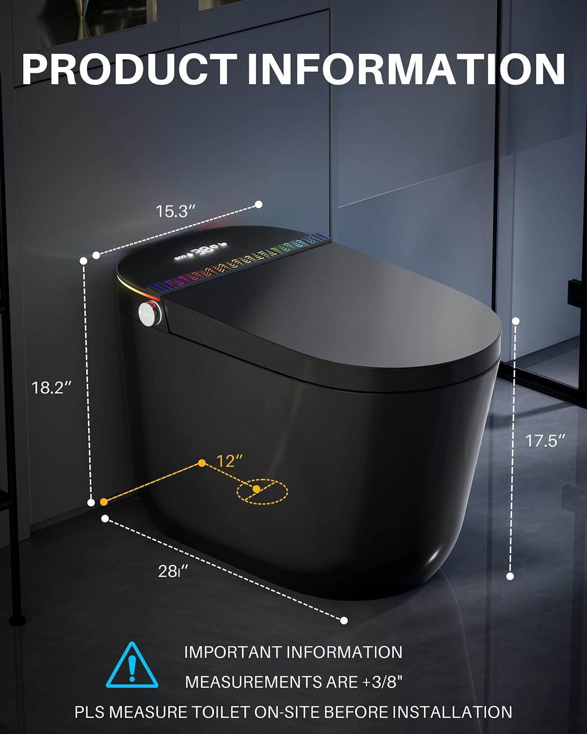 WinZo Smart Toilet,Modern Smart Toilet with Bidet Built In with Foot Sensor,Tankless Toilets Auto Open/Close Lid with Dryer,ADA Comfort Height Heat Seat,Instant Warm Water,Power Outage and Flush Blac