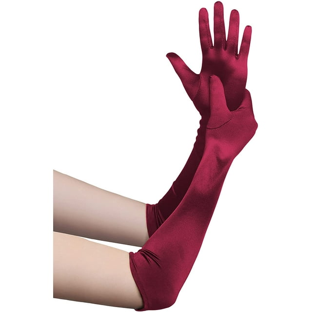 Long Opera Party 20s Satin Gloves Stretchy Adult Size Elbow Length,Claret
