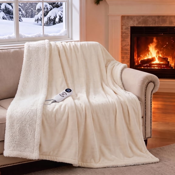 Solespit Electric Heated Throw Blanket 50"x60", 8 Heat Levels 10 Hours Auto-off Timer Flannel & Sherpa Washable Warming Throws, White