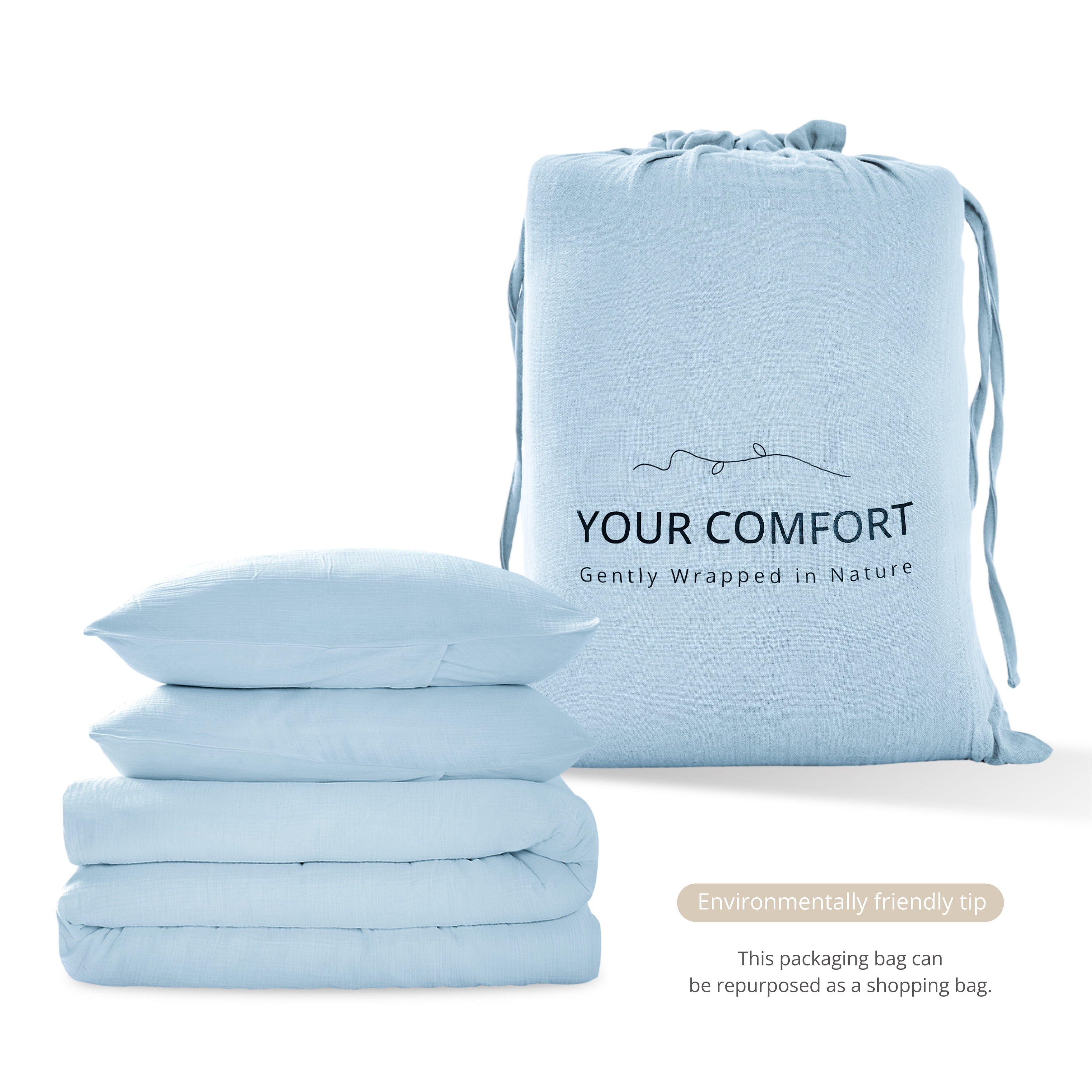 TechForma 100% Cotton Duvet Cover Set, Blue Double Layer Gauze Bed Set, 3 pcs Breathable & Crisp Soft Duvet Cover Set, Twin
