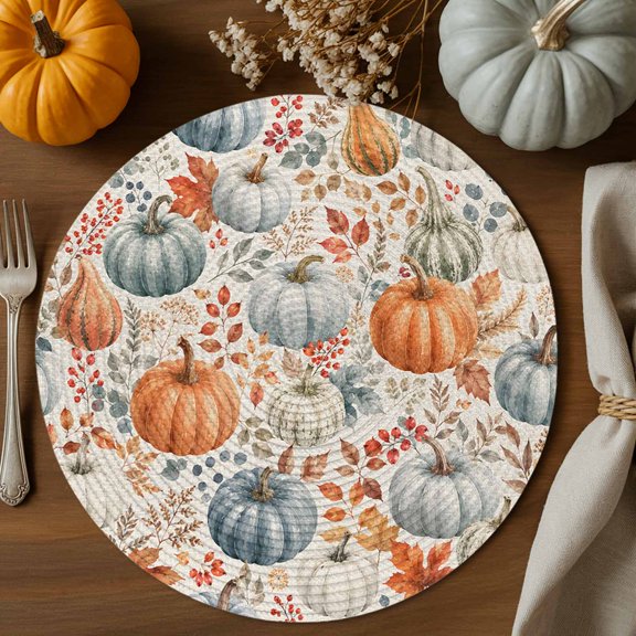 Thanksgiving Fall Round Braided Placemats Set of 2, Rustic Orange White Green Pumpkin Maple Leaf Heat Insulation Place Mats Washable Non-Slip Table Mats for Kitchen Dining Party, 15 Inches