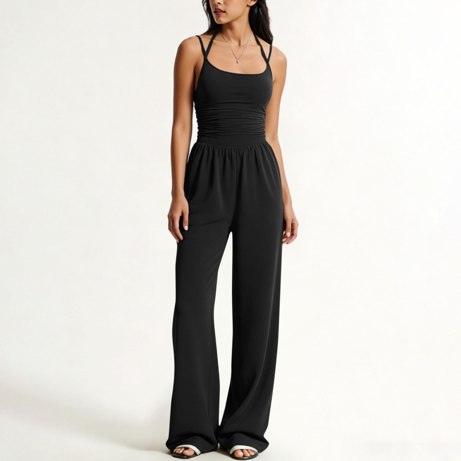 Dazajoo Women's Date Night Rompers Spaghetti Strap Wide Leg One Piece Jumpsuits Ruched Sleeveless High Waisted Jumpsuit,Black,M