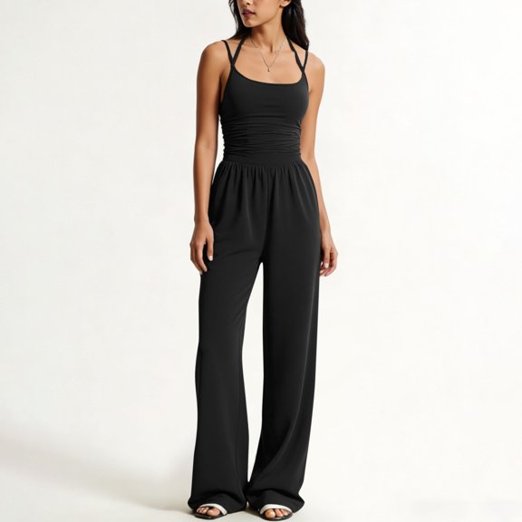 Costeam Womens Double Spaghetti Strap Jumpsuit Ruched Shirred Mid Wide Leg Full Length Elastic High Waist Soft Knit Loose Fit Casual One Piece Outfit