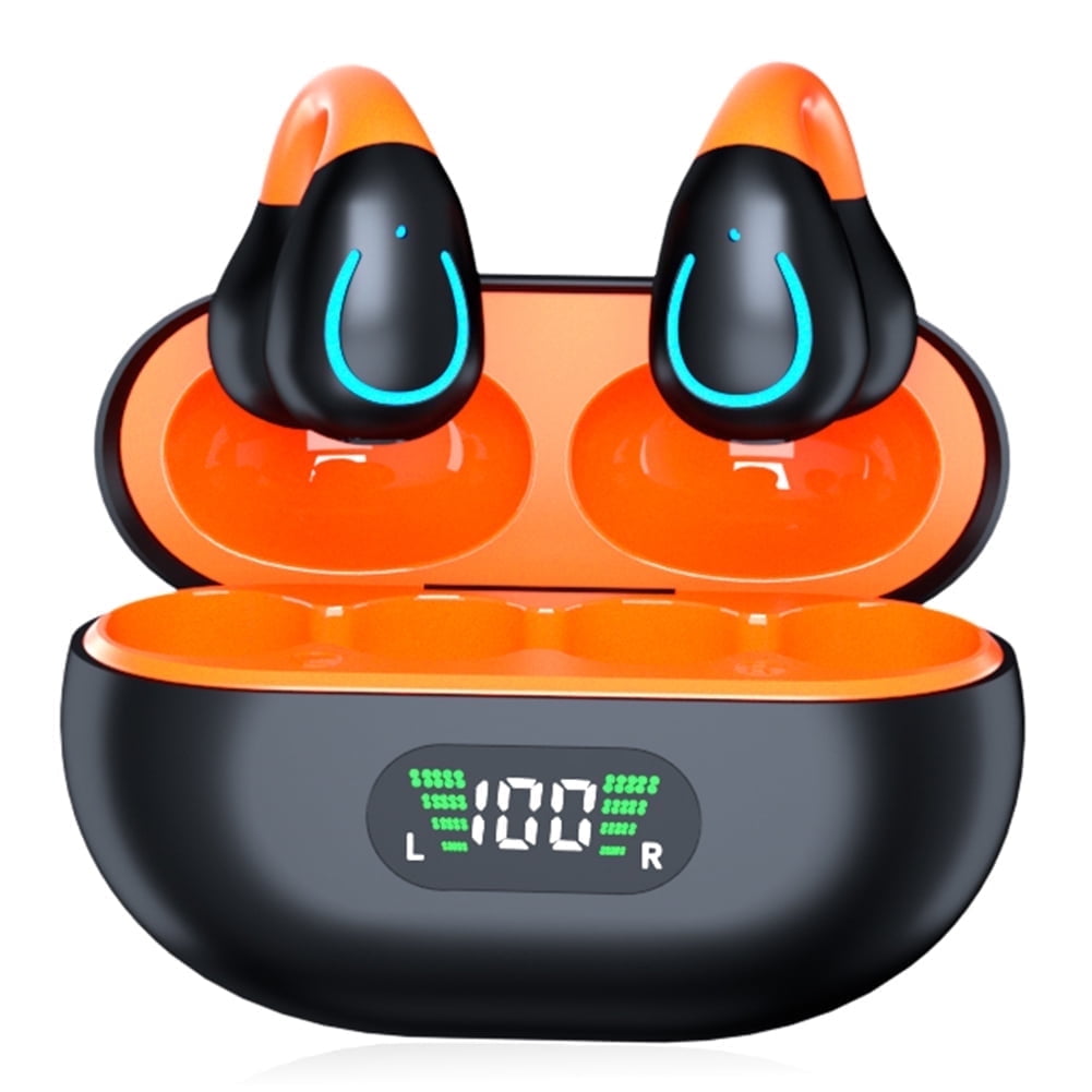 Bysen Clip On Earbuds, True Wireless Bluetooth 5.3 Open Ear Headphones with LED Digital Display Charging Case, Built-in Mic for Running Fitness