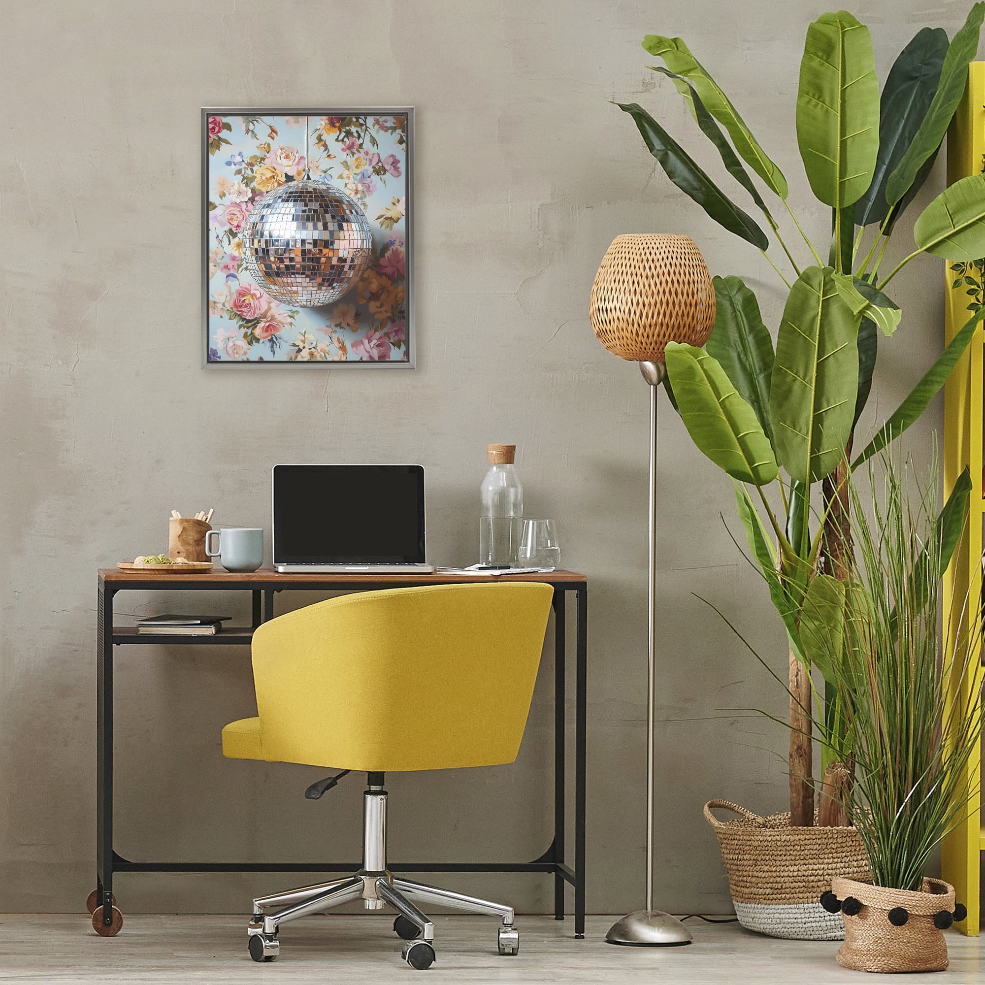 Stupell Industries Floral Disco Ball Reflection Gray Framed Floater Canvas Wall Art, design by LSR Design Studio