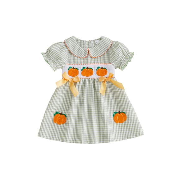 Cjfdfy Toddler Baby Girls Halloween Dress Thanksgiving Outfit Infant Baby Girls Summer Plaid Gingham Dress Fall Pumpkin Embroidered Doll Collar Puff Short Sleeve Dress
