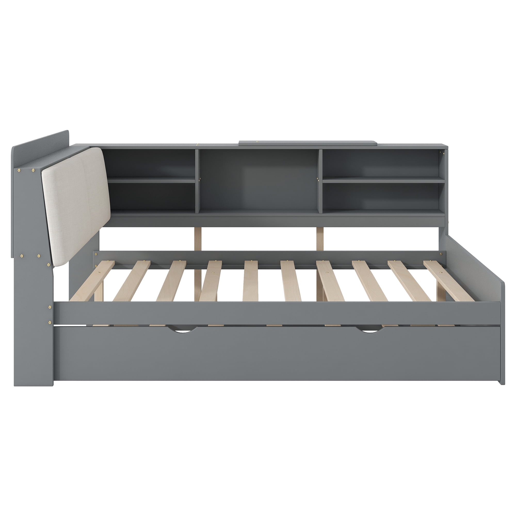 MAYEERTY Wood Full Size platform bed with Trundle, Shelves and Storage Headboard, Gray