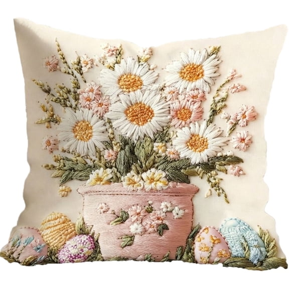 18x18 Wildflower Faux Embroidery Print Throw Pillow Cover, Boho Floral Decorative Cushion Case, Spring & Summer Home Decor, Botanical Flower Themed Gift for Mom or Sister