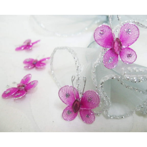 1" Miniature Rhinestone Organza Decorative Embellishment Butterflies Fuchsia (100 Pieces)