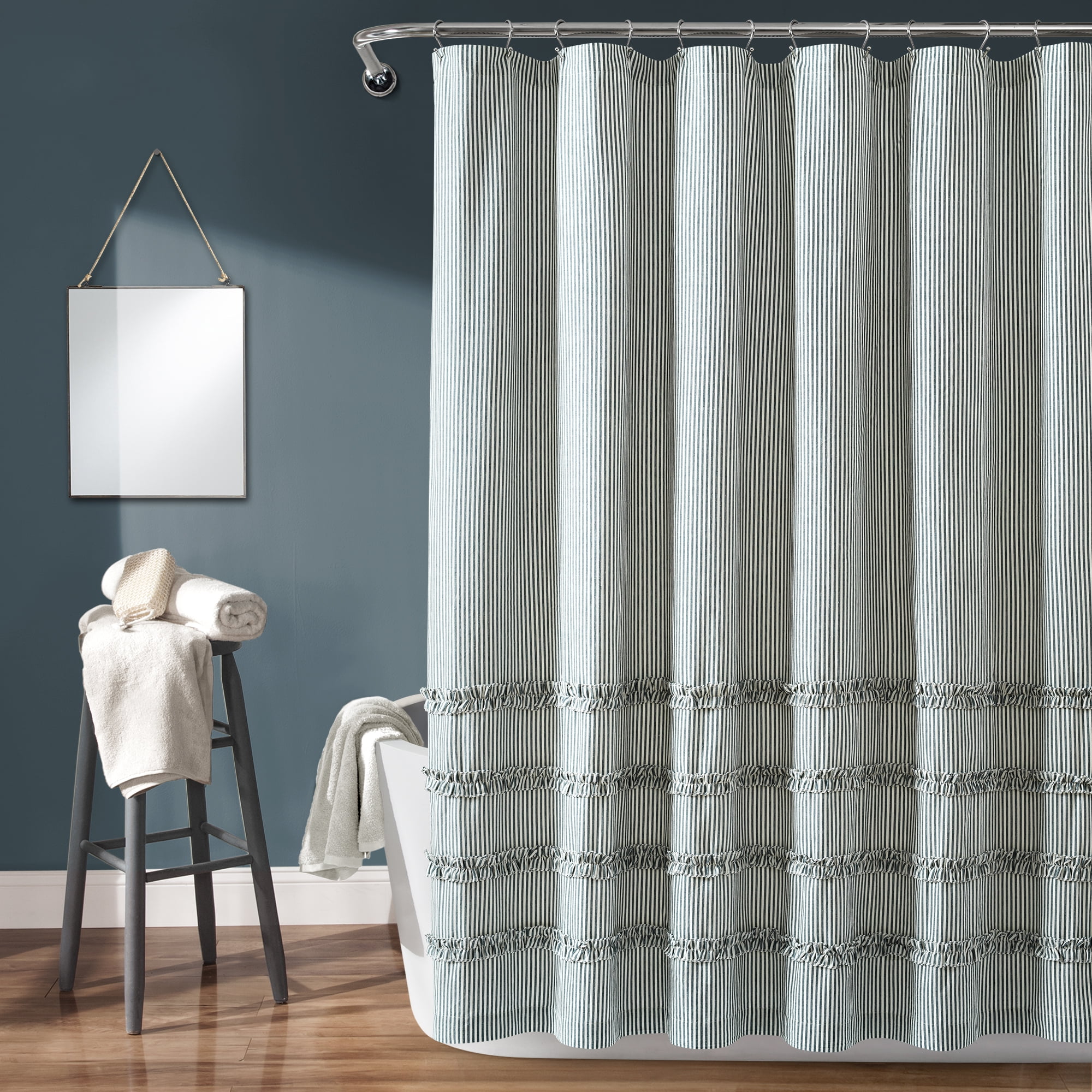 Lush Decor Vintage Stripe Yarn Dyed Cotton Shower Curtain, 72x72, Denim