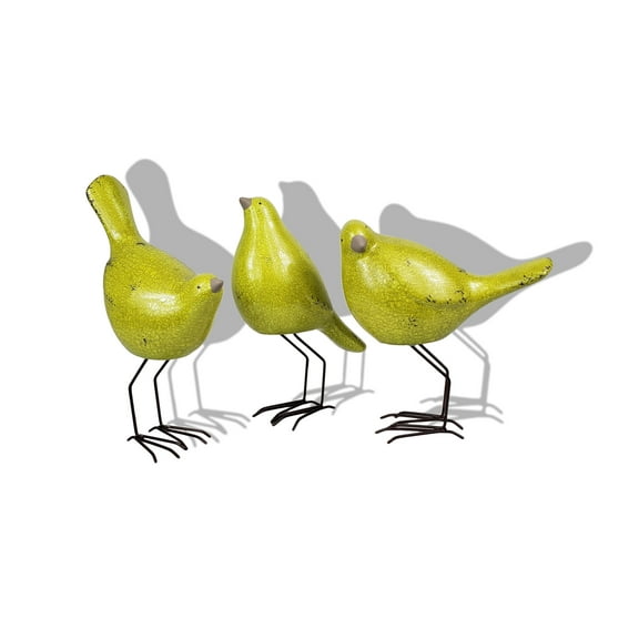 HomeRoots 520809 Polyresin & Metal Bird Sculptures, Lemongrass Green - Set of 3