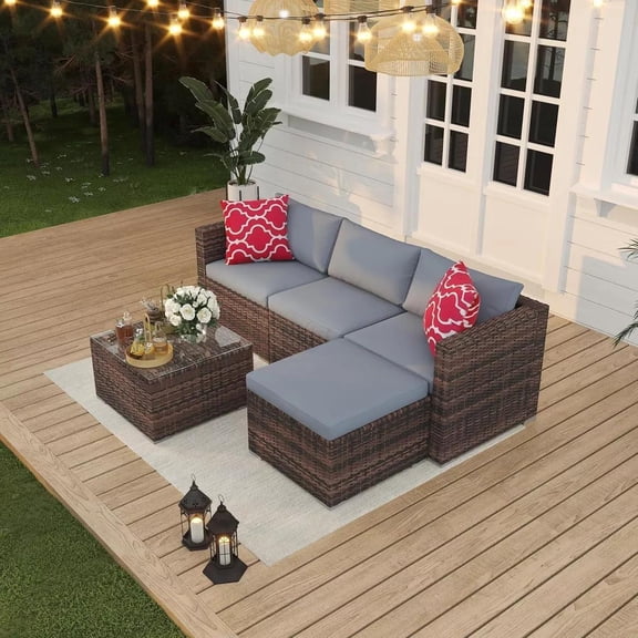 5-Piece Outdoor Patio Furniture Set – All-Weather Wicker Sectional Sofa with Glass Coffee Table and Soft Removable Cushions