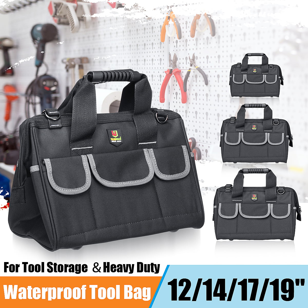 12/14/17/19'' Heavy Duty Tool Bag W/ Pockets Waterproof Foot Pad Storage 