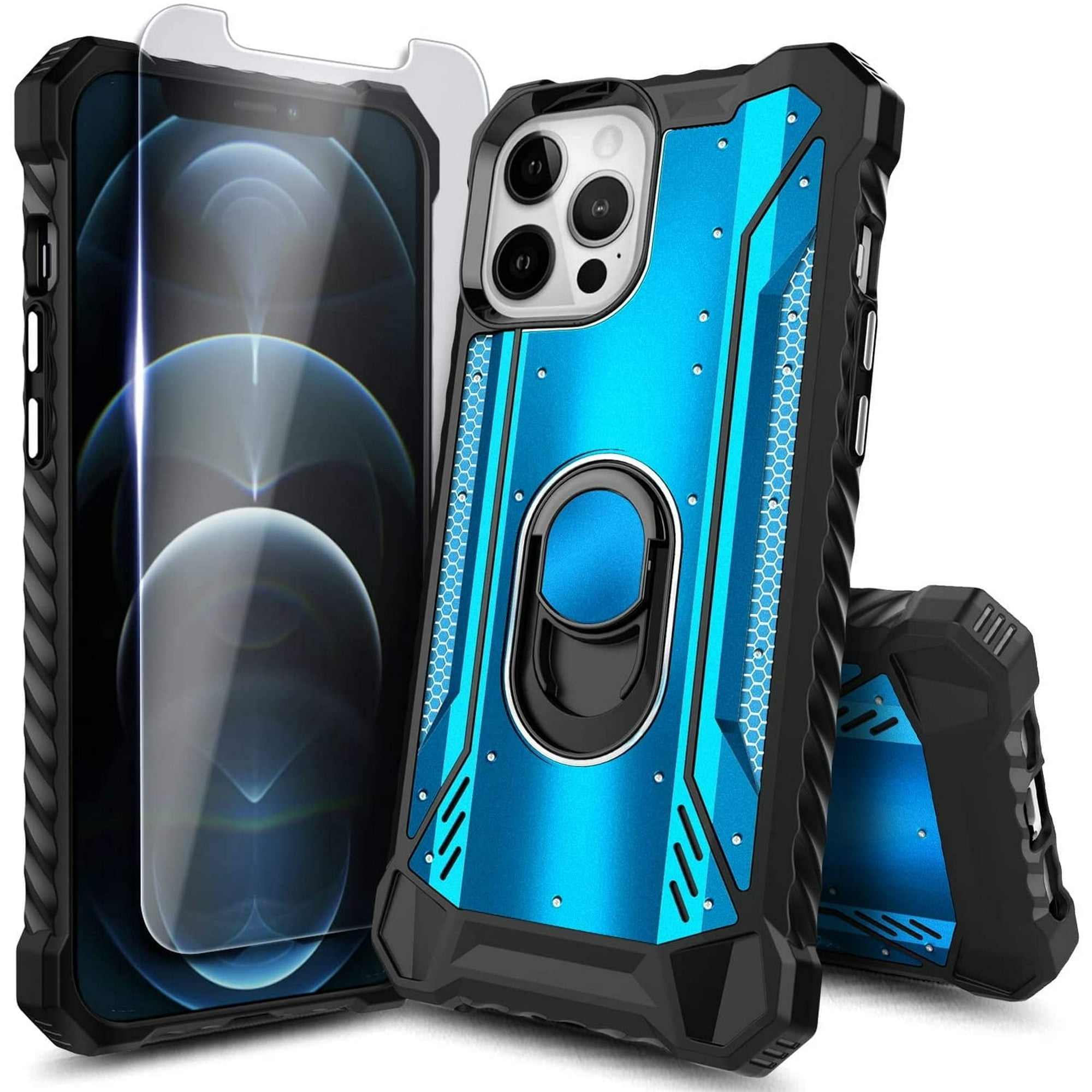 Nagebee Case for iPhone 12, iPhone 12 Pro with Tempered Glass Screen Protector, Aluminum Metal Built-in Ring Stand, Full-Body Protective Shockproof Military Bumper Phone Cover (Blue)