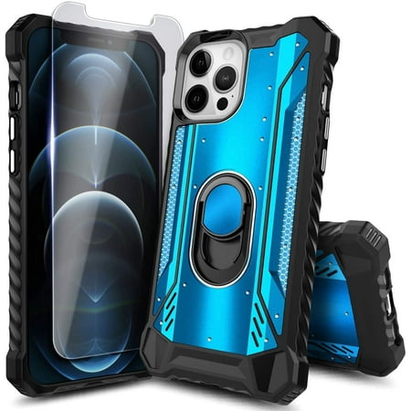 Nagebee Case for iPhone 12, iPhone 12 Pro with Tempered Glass Screen Protector, Aluminum Metal Built-in Ring Stand, Full-Body Protective Shockproof Military Bumper Phone Cover (Blue)
