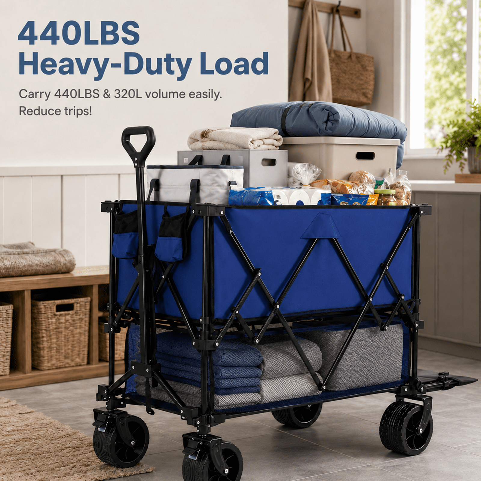 Alvantor Heavy Duty Double Decker Wagon with Extender, 330L Capacity, All-Terrain Wheels with Brakes