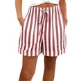 thumbnail image 2 of Only Moment Womens Lightweight Shorts Cotton Striped Shorts Casual Long Knee Length High Waisted Stretch Wide Leg Relaxed Fit Workout Shorts Women Wine,S, 2 of 4