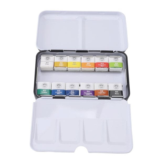 12 Colors Watercolor Paint, Solid Watercolor Painting Tool Storage Box Watercolor Board Brush Sponge Set Watercolor Block Bright Color for Outdoor Sketching Interior Painting Nail